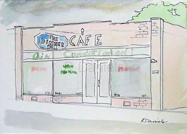 The Dinner Bell Cafe.jpg - "The Dinner Bell Cafe" pen and ink, watercolor wash  9"x12"